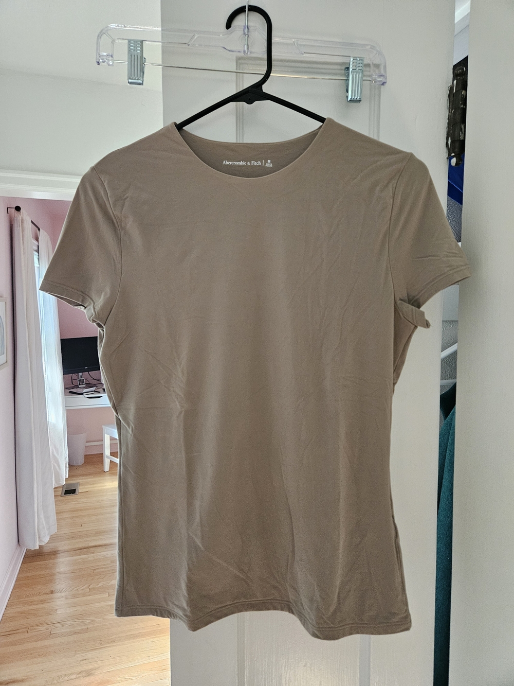 Abercrombie & Fitch Crew Neck Fitted Baby Tee in Taupe